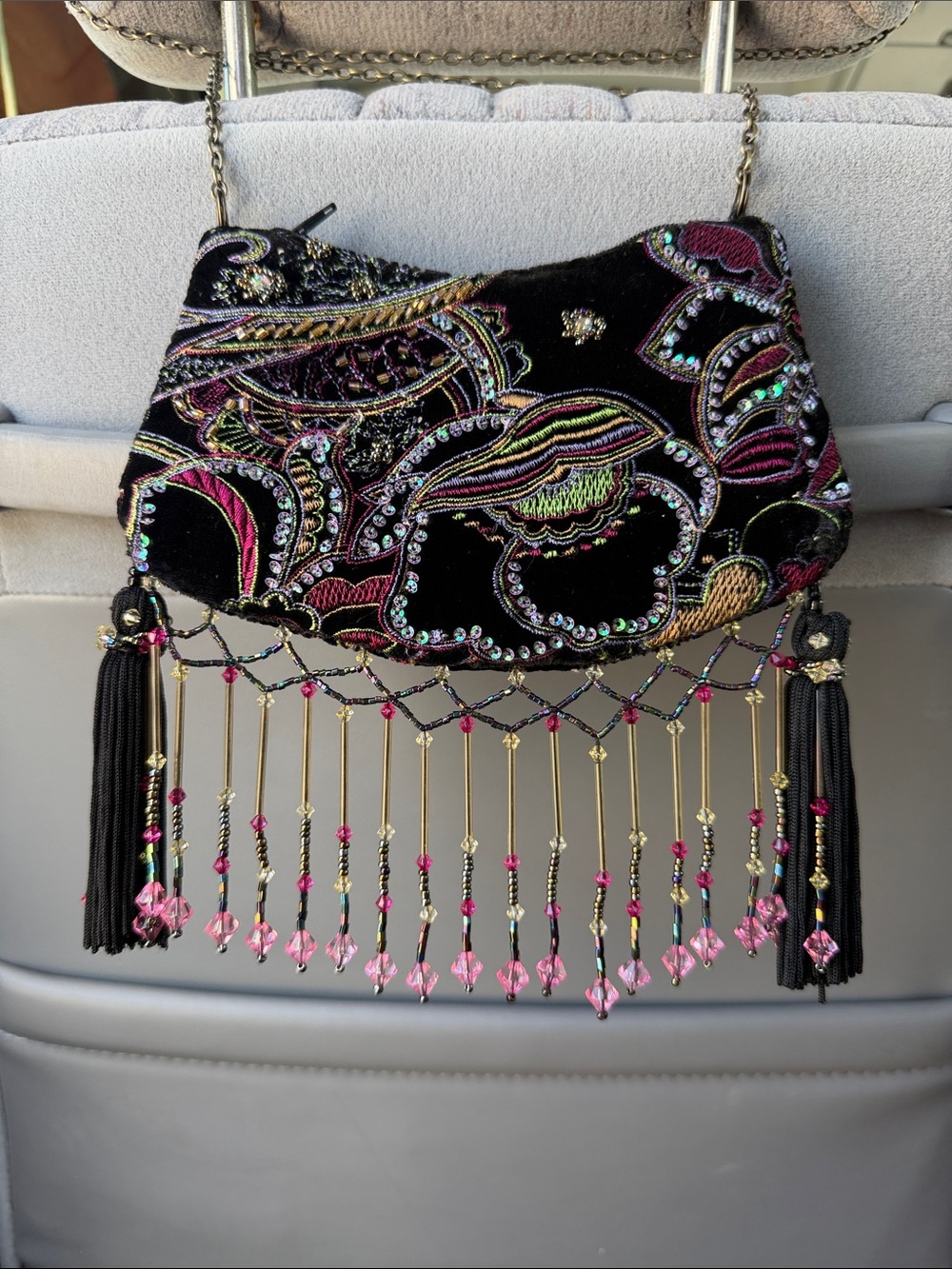 Mary Frances Black Velvet Beaded Fringe Shoulder Bag with Pink Accents